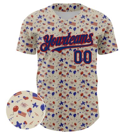 Personalized 3D American Flag Baseball Jersey - US Navy Blue-Red Custom Name & Number Personalized Cream US Navy Blue-Red