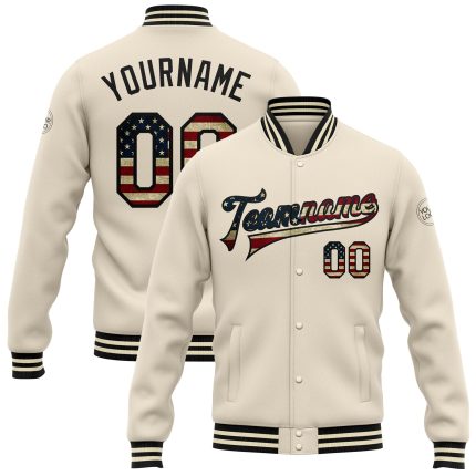 Personalized Vintage USA Flag Bomber Jacket Black Full-Snap Varsity Letterman Personalized Cream Vintage USA Flag-Black Bomber