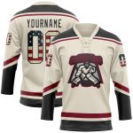Personalized Vintage USA Flag Hockey Neck Jersey in Cream Black and Maroon Personalized Cream Vintage USA Flag Black-Maroon