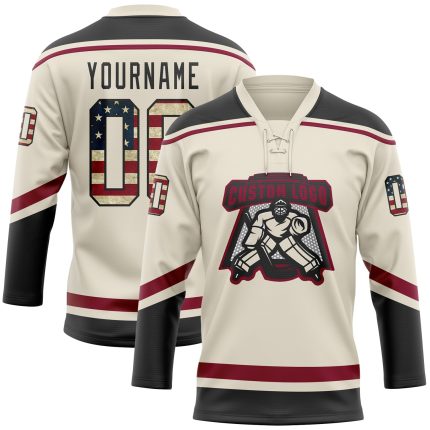 Personalized Vintage USA Flag Hockey Neck Jersey in Cream Black and Maroon Personalized Cream Vintage USA Flag Black-Maroon