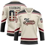 Personalized Vintage USA Flag Hockey Neck Jersey in Cream Black and Maroon Personalized Cream Vintage USA Flag Black-Maroon