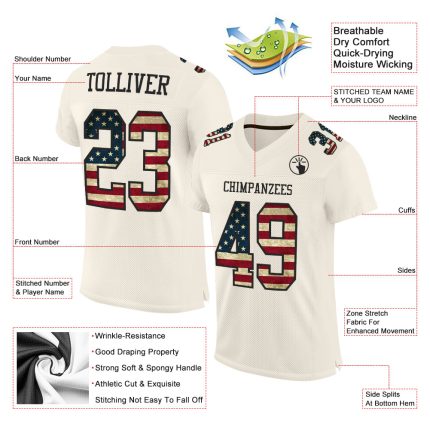 Personalized Vintage USA Flag Football Jersey with Custom Name and Number - Black Mesh Authentic Team Apparel Personalized