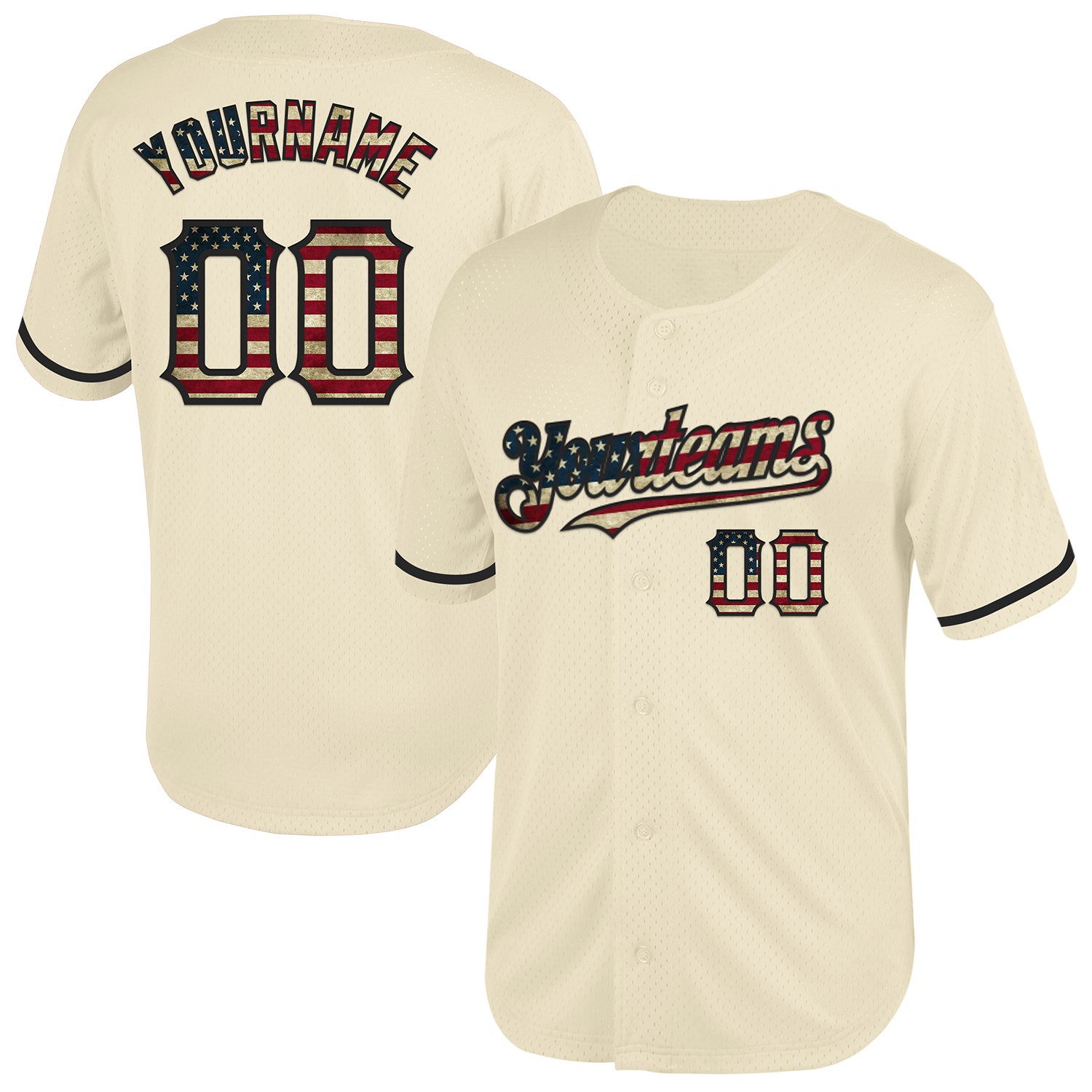 Custom Vintage USA Flag Baseball Jersey - Personalized Cream Throwback with Black Mesh, Custom Name and Number Personalized