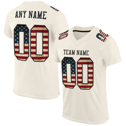 Personalized Vintage USA Flag Black Mesh Football Jersey for Men and Women Personalized Cream Vintage USA Flag-Black Mesh