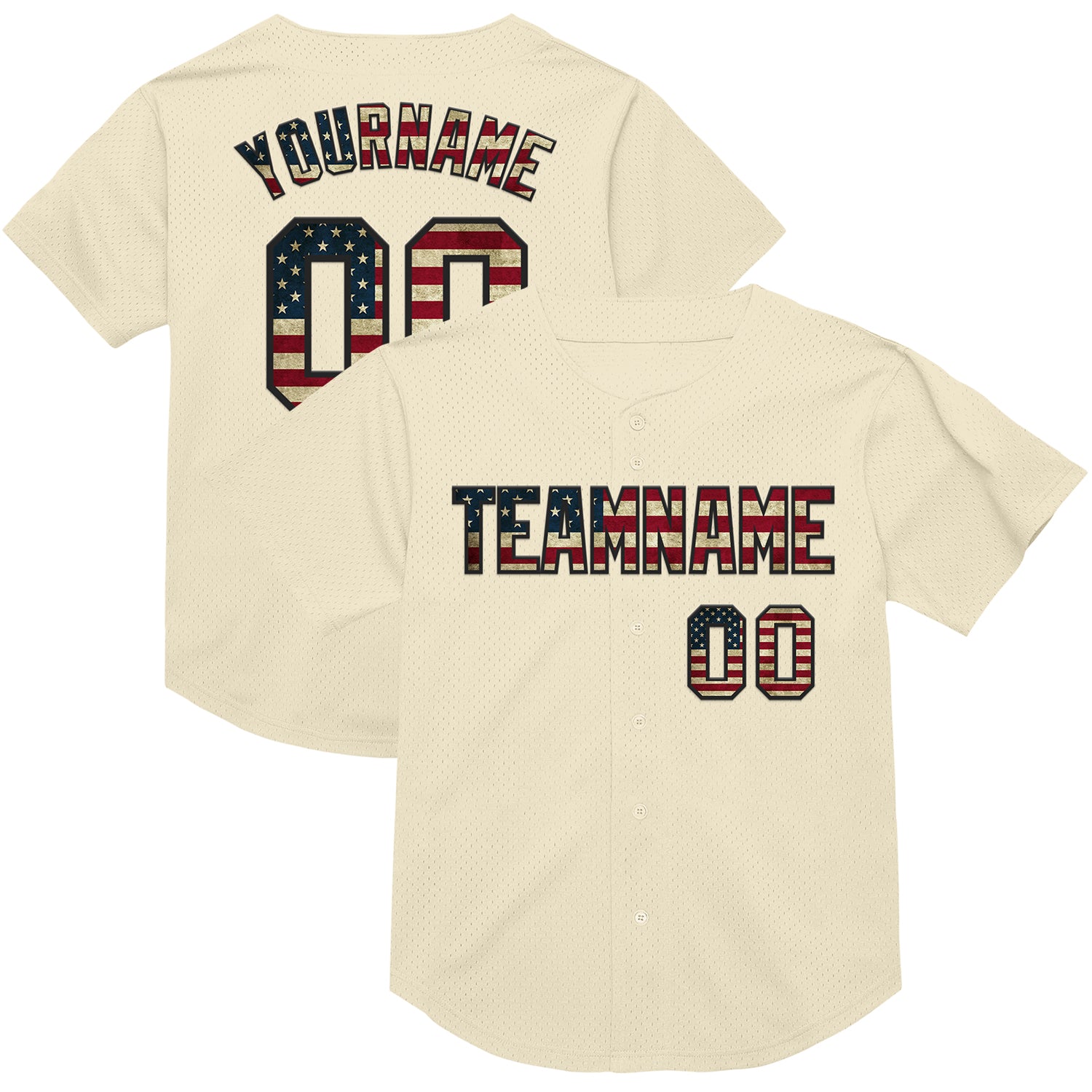 Personalized Vintage USA Flag Baseball Jersey - Black Mesh Throwback Style Personalized Cream Vintage USA Flag-Black Mesh