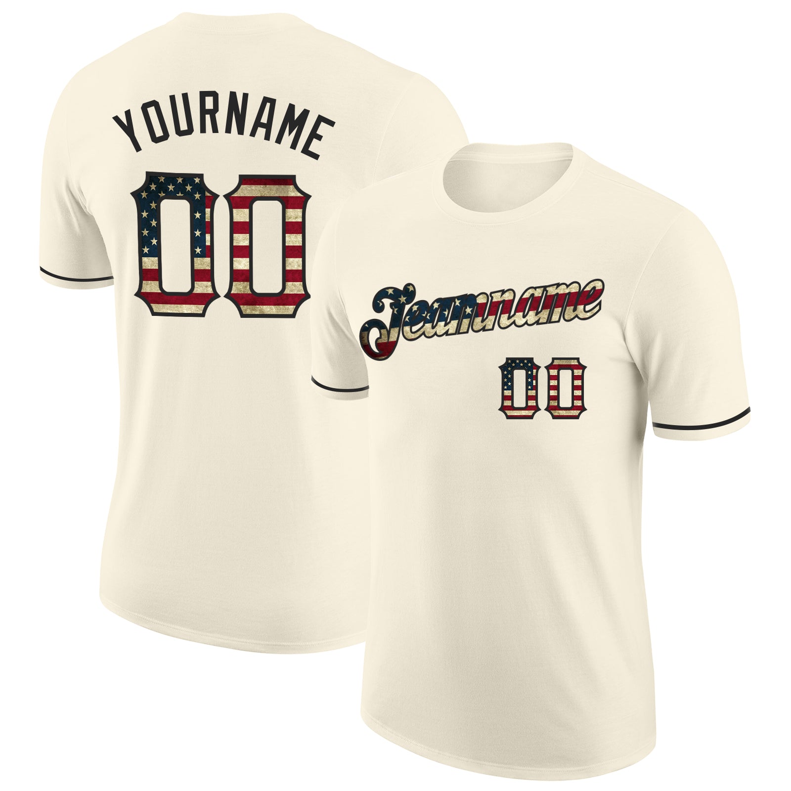 Custom Name USA Flag Black Performance T-Shirt - Personalized Vintage Team Apparel Personalized Cream Vintage USA Flag-Black