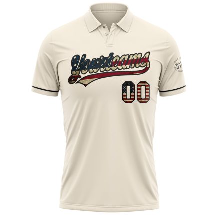 Custom Name Number Vintage USA Flag Golf Polo Shirt - Black Performance Vapor Personalized Cream Vintage USA Flag-Black Performance