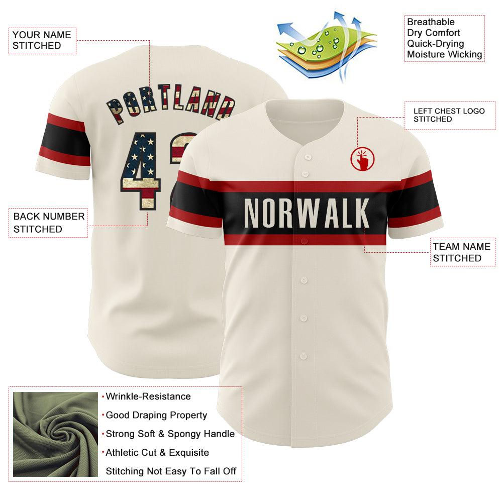 Personalized Cream Vintage USA Flag Black-Red Authentic Baseball Jersey Team Custom Name and Number Personalized Vintage USA Flag Baseball Jersey with Custom Name & Number, Black-Red Authentic Team Apparel Personalized Cream - Image 3