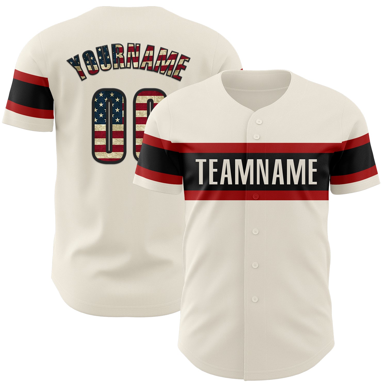 Personalized Vintage USA Flag Baseball Jersey in Cream Black-Red - Custom Sports Apparel Personalized Cream Vintage USA Flag