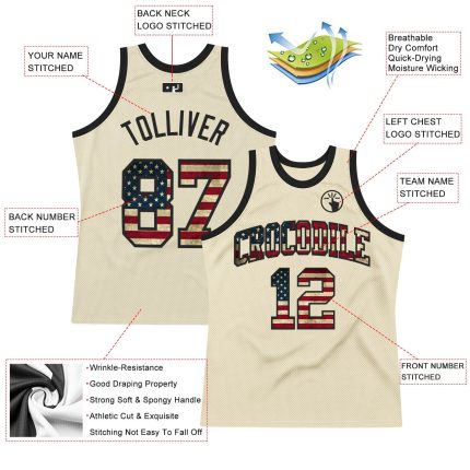 Personalized Vintage USA Flag Basketball Jersey - Black Throwback Design Personalized Cream Vintage USA Flag-Black Throwback