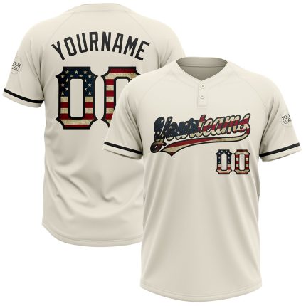 Personalized Vintage USA Flag Black Softball Jersey Unisex Two-Button Design Personalized Cream Vintage USA Flag-Black Two-Button
