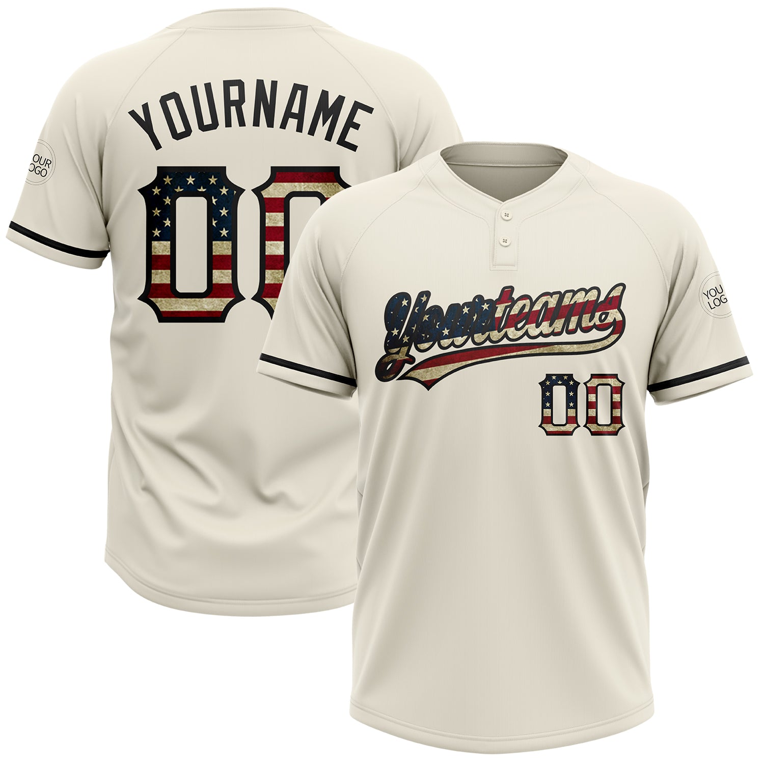 Custom Vintage USA Flag Softball Jersey - Personalized Black Two-Button Unisex with Name and Number Personalized Cream Vintage