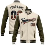 Custom Vintage USA Flag Bomber Jacket Olive-Black Two Tone Varsity Letterman Full-Snap Personalized Cream Vintage USA Flag