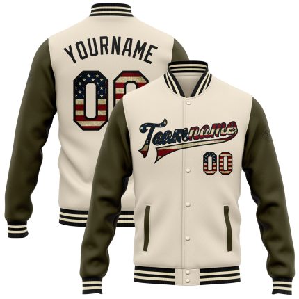Custom Vintage USA Flag Bomber Jacket Olive-Black Two Tone Varsity Letterman Full-Snap Personalized Cream Vintage USA Flag