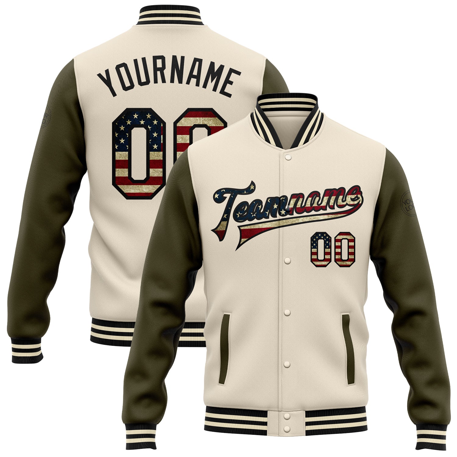 Custom Name Number Vintage USA Flag Cream Olive-Black Bomber Varsity Full-Snap Two Tone Jacket Personalized Cream Vintage