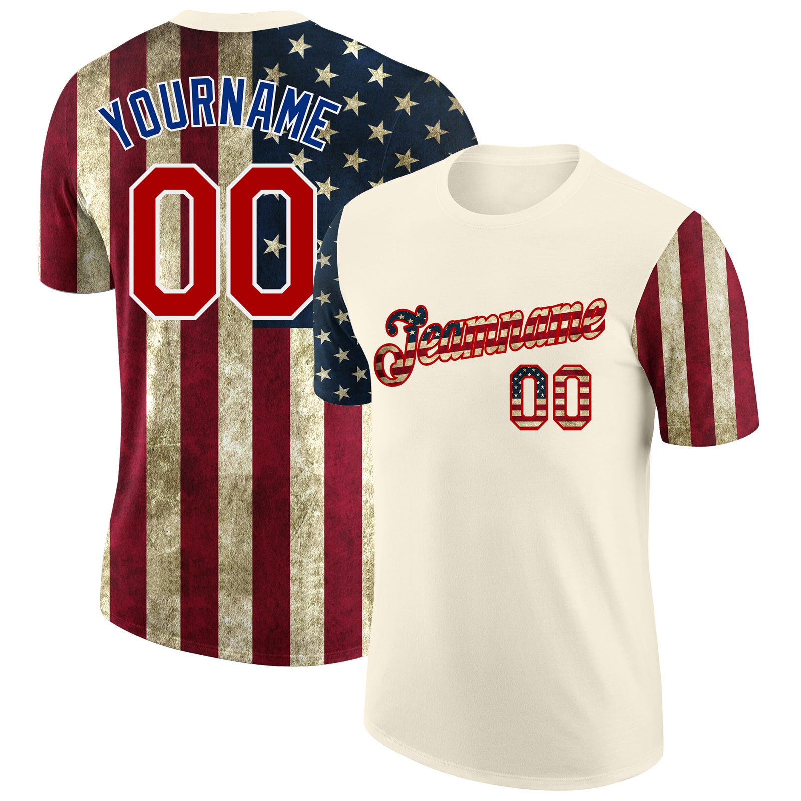 Custom Name 3D American Flag T-Shirt - Vintage USA Flag Design, Red Performance Tee for Team Spirit Personalized Cream Vintage