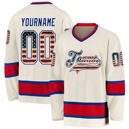 Personalized Vintage USA Flag Hockey Jersey in Cream and Royal Red Personalized Cream Vintage USA Flag Royal-Red Hockey Jersey