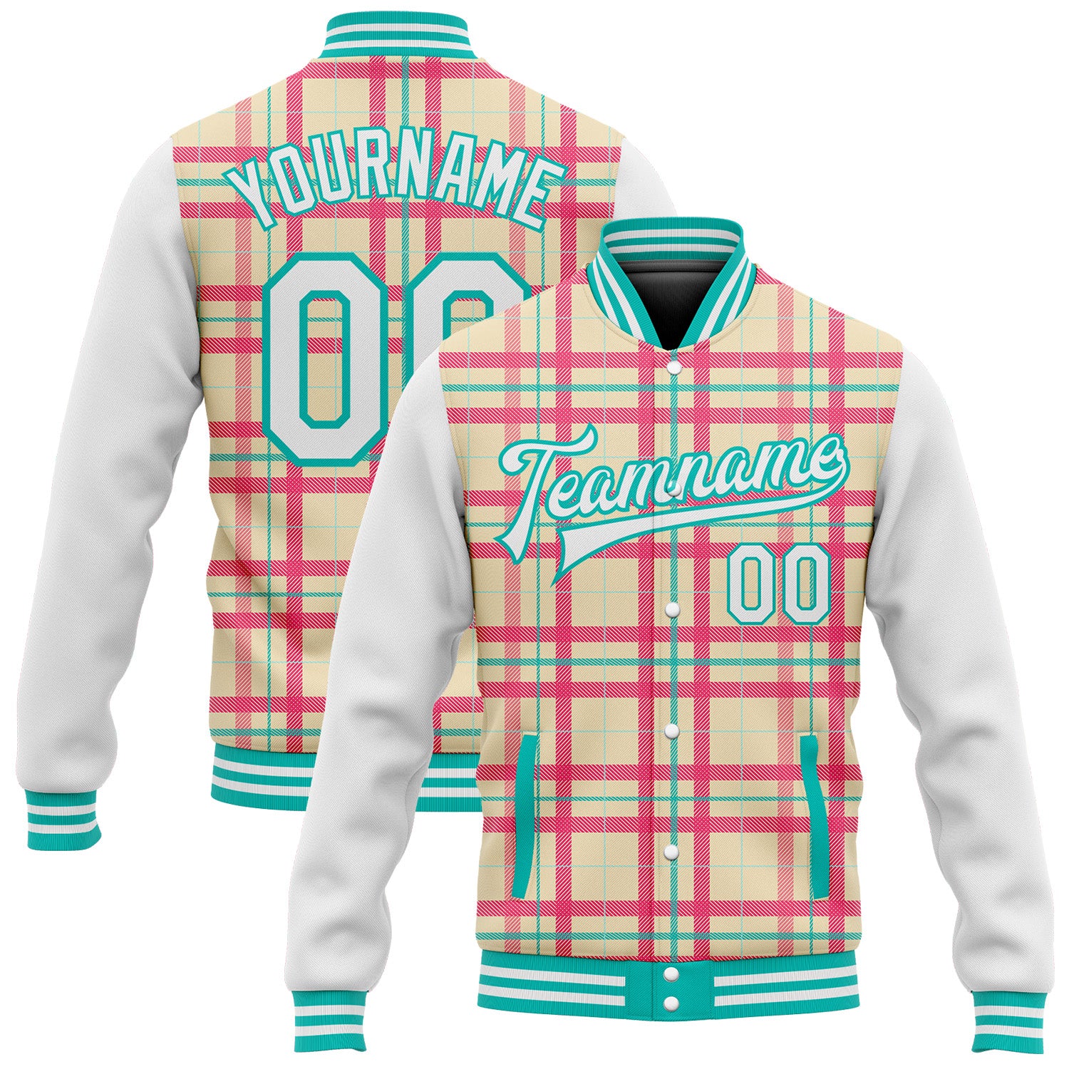 Custom Personalized Aqua Check Varsity Bomber Jacket with Name & Number - Cream White 3D Pattern Full-Snap Letterman Jacket