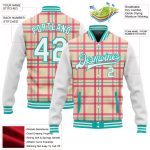 Custom Personalized Aqua Check Varsity Bomber Jacket with Name & Number - Cream White 3D Pattern Full-Snap Letterman Jacket