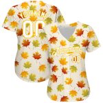 Personalized 3D Maple Leaf Baseball Jersey in Cream White-Gold Personalized Cream White-Gold 3D Maple Leaf Baseball Jersey