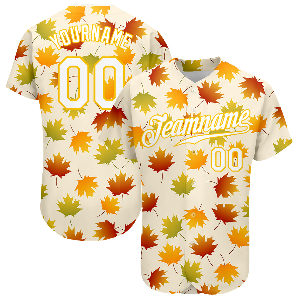 Custom Name and Number Baseball Jersey - Personalized White Gold 3D Maple Leaf Design, Authentic Team Apparel Personalized