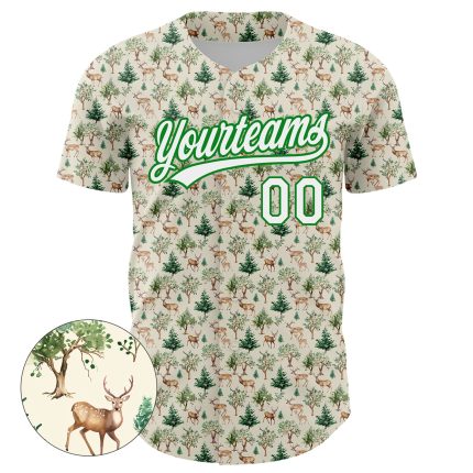 Personalized 3D Animal Deer Baseball Jersey in Cream White and Grass Green Personalized Cream White-Grass Green 3D Animal