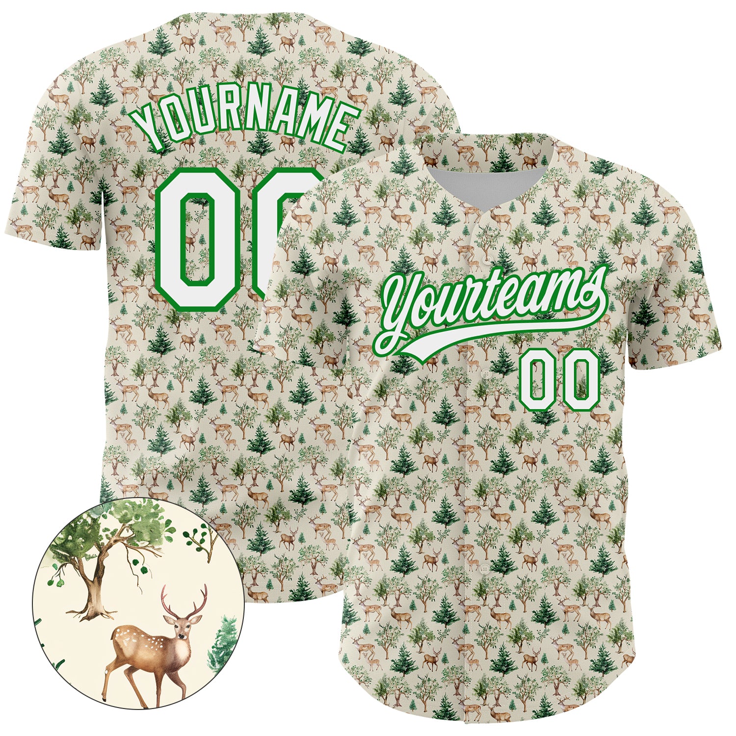 Customizable 3D Pattern Deer Baseball Jersey with Name and Number - Cream White Grass Green Personalized Cream White-Grass