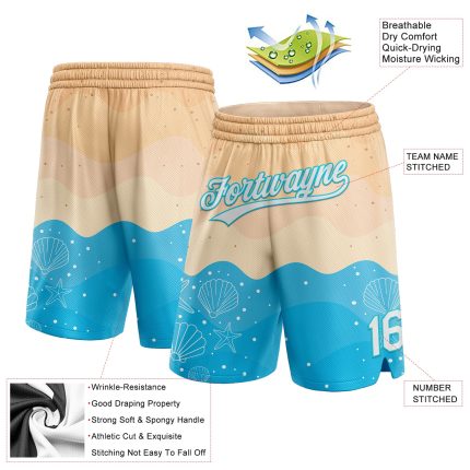 Personalized 3D Beach Basketball Shorts in Cream White and Lakes Blue Personalized Cream White-Lakes Blue 3D Beach Basketball