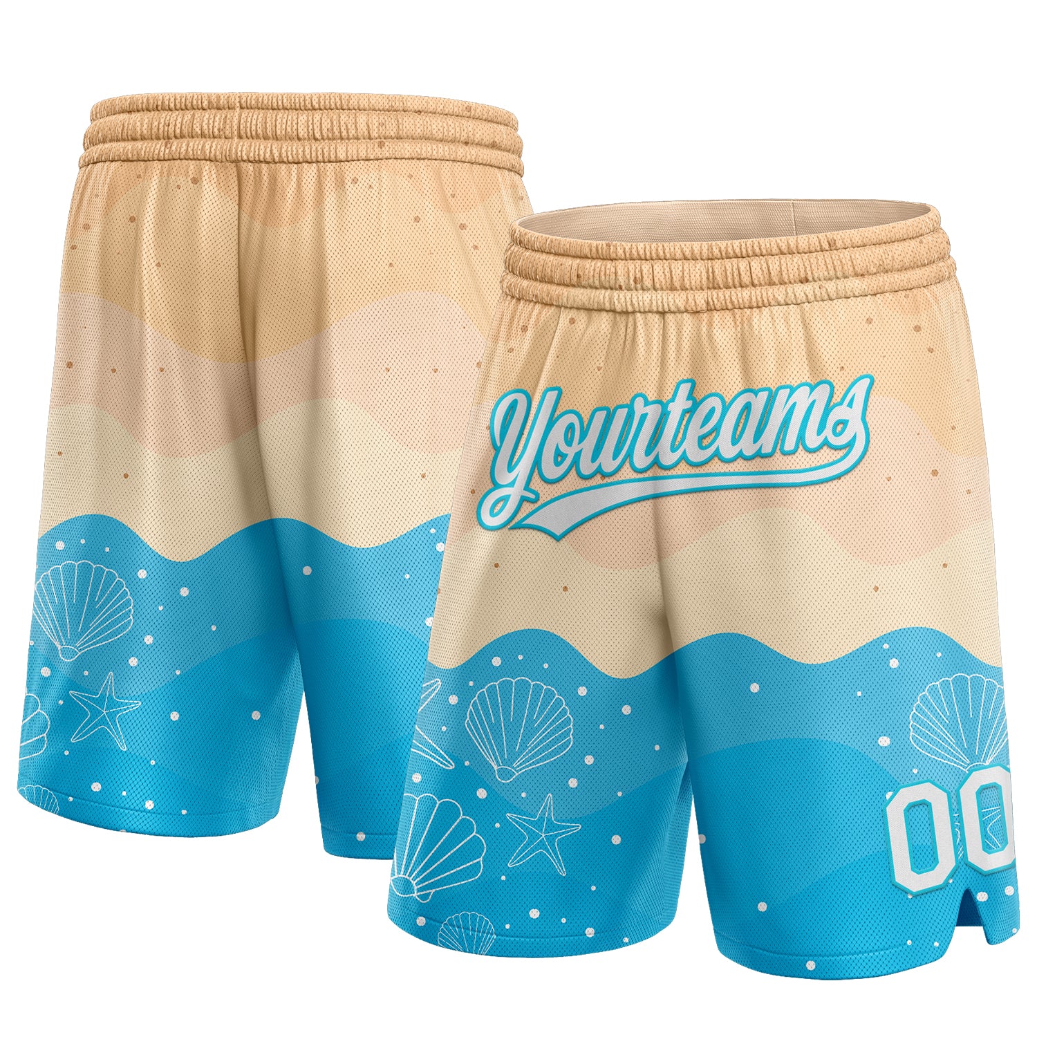 Custom Personalized Beach Basketball Shorts with 3D Cream White and Lakes Blue Pattern - Team Name and Number Personalized