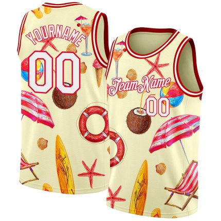 Custom Name and Number Basketball Jersey - Personalized Cream White-Red 3D Tropical Hawaii Beach Design Personalized Cream