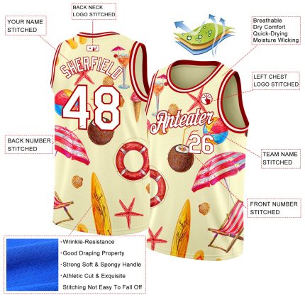 Personalized Red Cream 3D Tropical Hawaii Basketball Jersey for Men Personalized Cream White-Red 3D Tropical Hawaii Beach