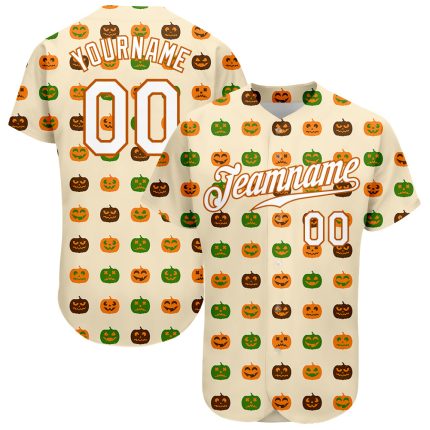 Personalized Texas Orange Halloween Pumpkins Baseball Jersey with Custom Name and Number, Cream White 3D Pattern Design Personalized