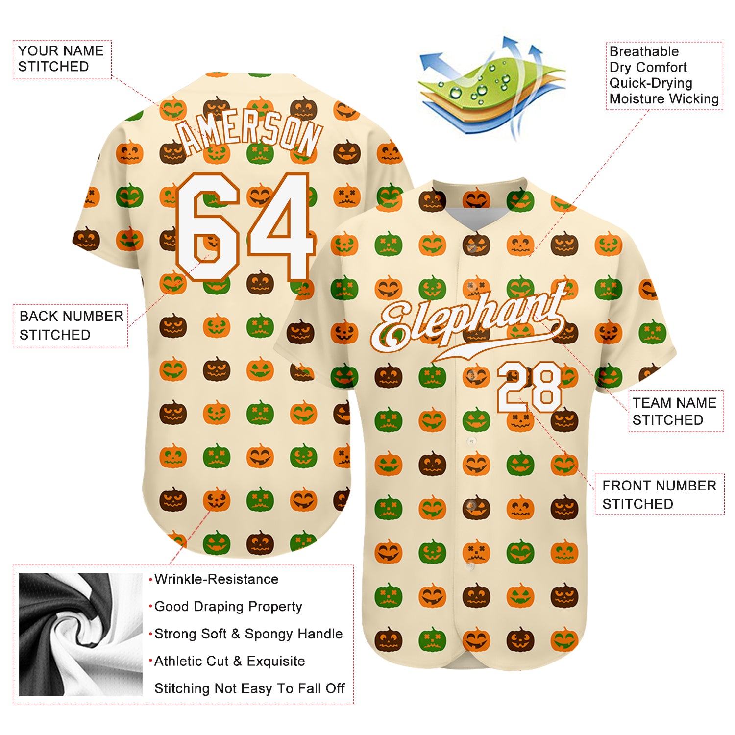 Personalized Cream White-Texas Orange 3D Pattern Design Halloween Pumpkins Authentic Baseball Jersey Team Custom Name and Number Personalized Texas Orange Halloween Pumpkins Baseball Jersey with Custom Name and Number, Cream White 3D Pattern Design Personalized - Image 3