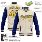 Custom Name Number Two Tone Bomber Varsity Letterman Jacket Cream Yellow Royal Full-Snap Personalized Apparel Personalized