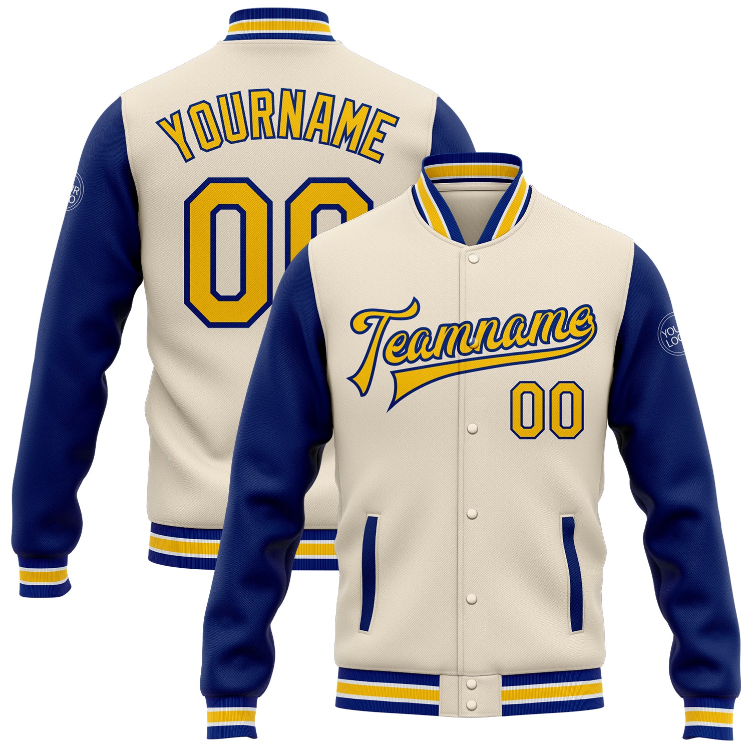 Custom Name Number Two Tone Bomber Varsity Letterman Jacket Cream Yellow Royal Full-Snap Personalized Apparel Personalized