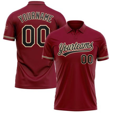 Custom Crimson Black-City Cream Performance Golf Polo Shirt with Personalized Name and Number Personalized Crimson Black-City