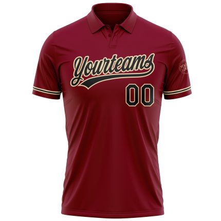 Custom Crimson Black-City Cream Performance Golf Polo Shirt with Personalized Name and Number Personalized Crimson Black-City