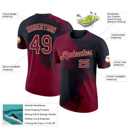 Personalized 3D Abstract Brush Stroke T-Shirt in Crimson Black-Cream - Performance Wear Personalized Crimson Black-Cream