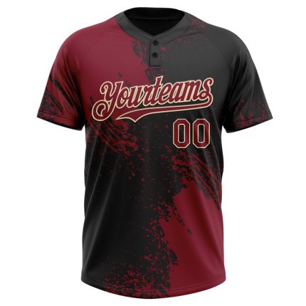 Personalized Unisex Softball Jersey - Crimson Black-Cream 3D Abstract Brush Stroke, Two-Button Design Personalized Crimson