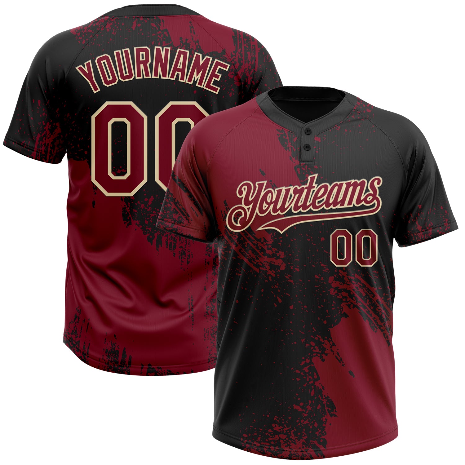 Personalized Unisex Softball Jersey - Crimson Black-Cream 3D Abstract Brush Stroke, Two-Button Design Personalized Crimson
