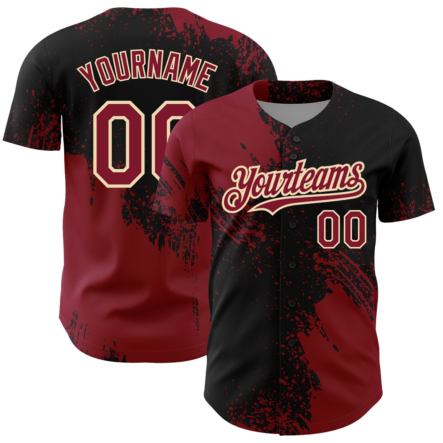 Custom Name and Number Baseball Jersey - Personalized Crimson Black-Cream 3D Abstract Brush Stroke Design Personalized Crimson
