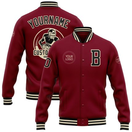Custom Crimson Black Cream Bomber Varsity Letterman Jacket Full-Snap for Men Personalized Crimson Black-Cream Bomber Full-Snap