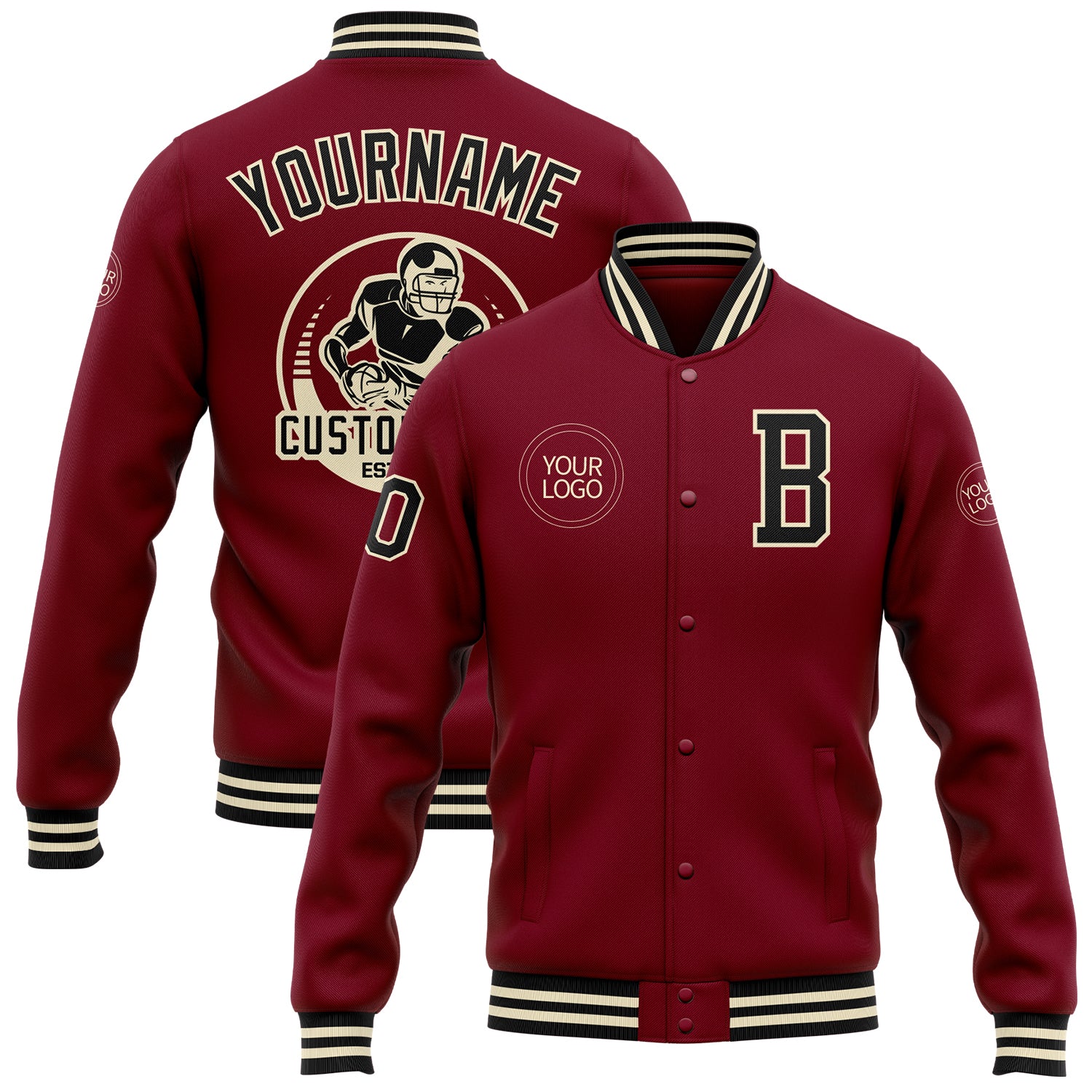Personalized Crimson Black Cream Varsity Letterman Bomber Jacket Full Snap Personalized Crimson Black-Cream Bomber Full-Snap