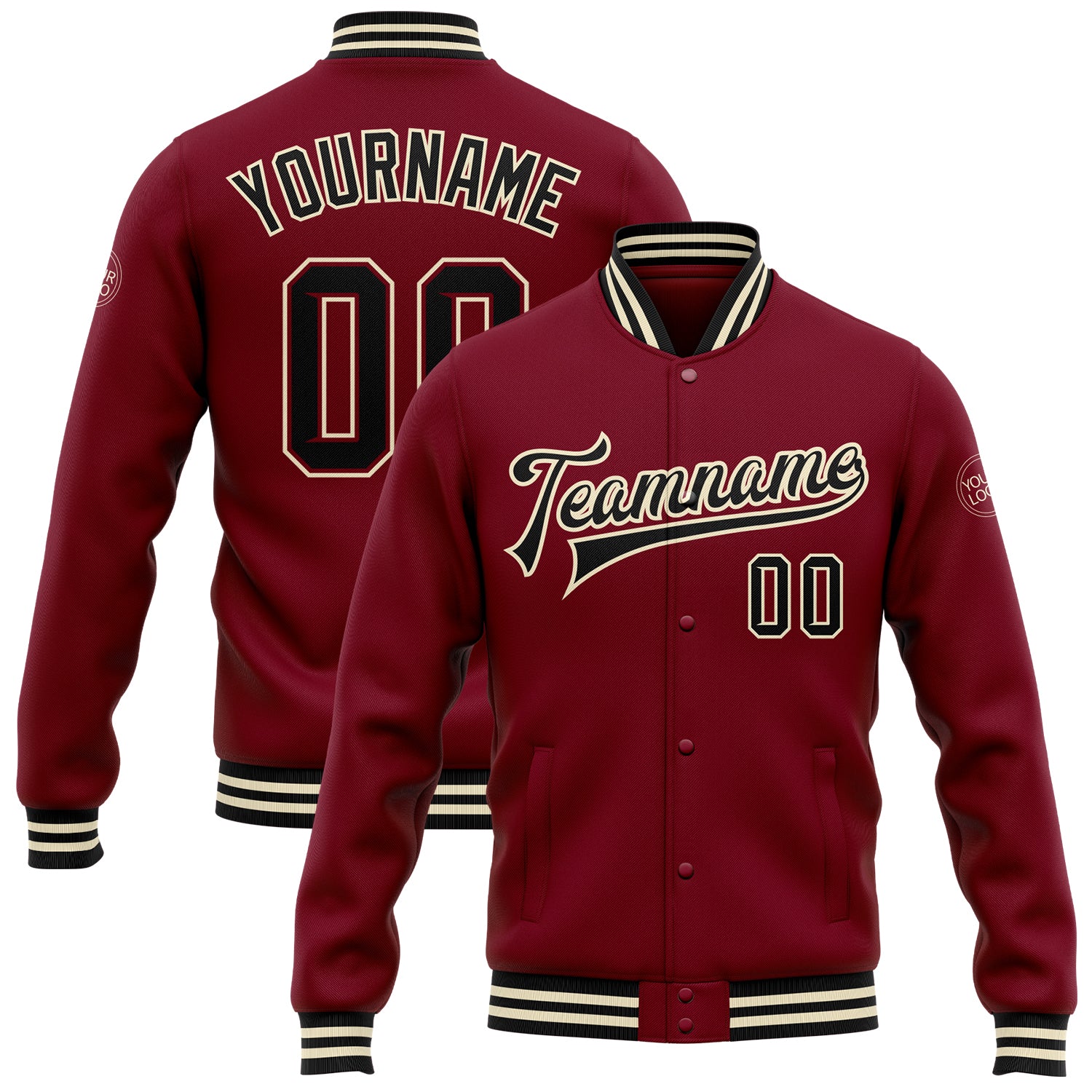Custom Name Number Varsity Letterman Jacket Personalized Crimson Black-Cream Bomber Full-Snap Personalized Crimson Black-Cream