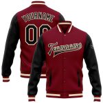 Custom Letterman Bomber Jacket - Crimson Black Cream Two Tone Full-Snap Varsity Style Personalized Crimson Black-Cream Bomber