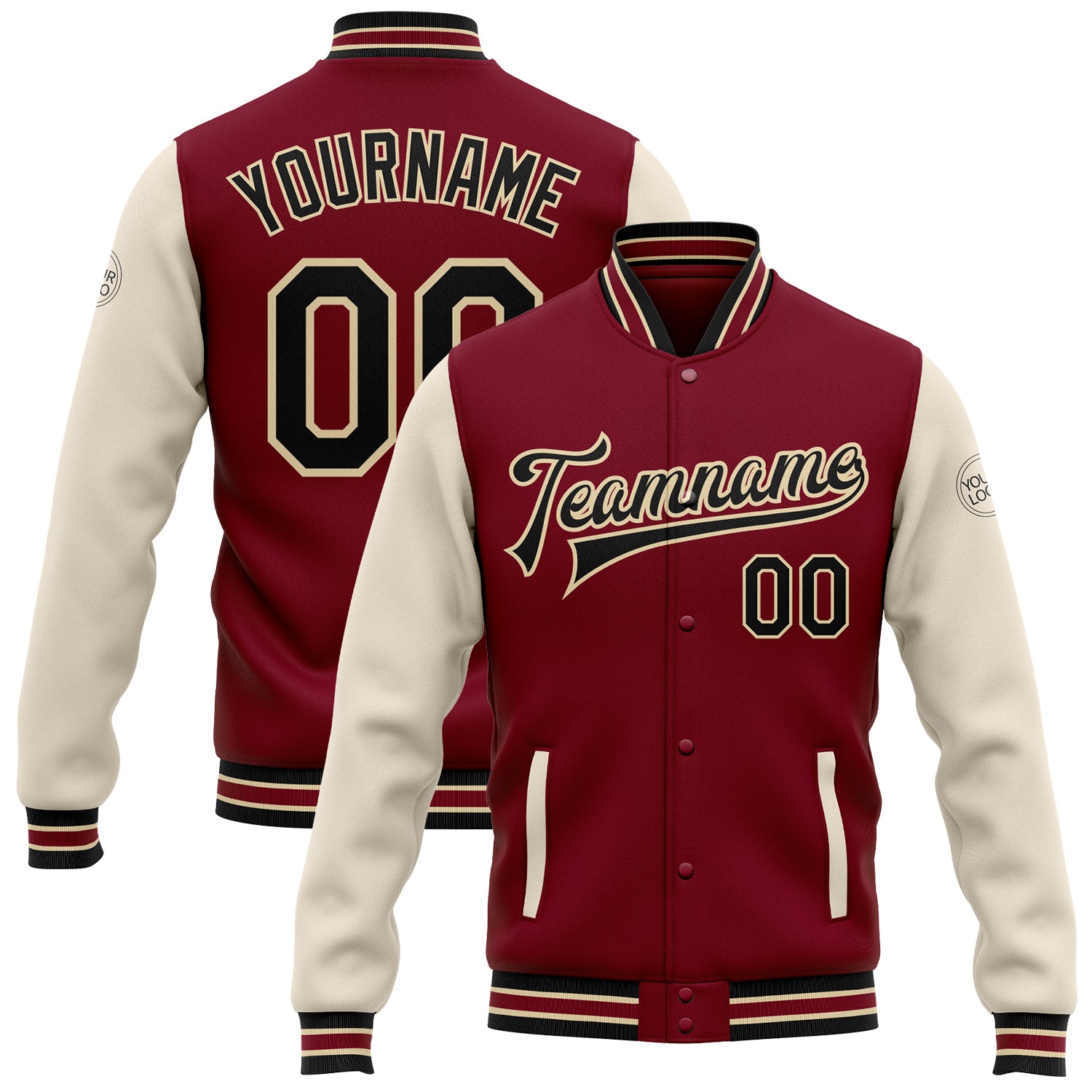 Custom Team Letterman Jacket with Name and Number - Two Tone Crimson Black Cream Bomber Full-Snap Varsity Style Personalized