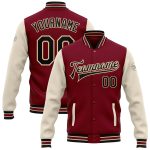 Personalized City Cream Two Tone Bomber Jacket - Crimson Black Full-Snap Varsity Letterman Style Personalized Crimson Black