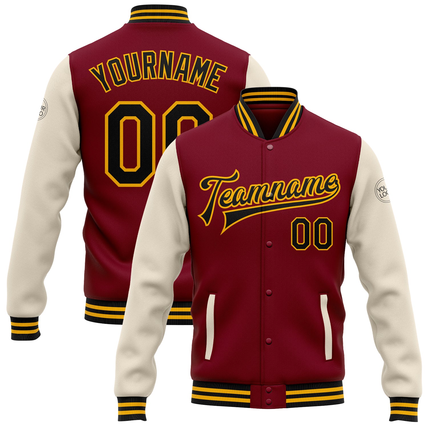 Custom Bomber Varsity Letterman Jacket - Personalized Two Tone Crimson Black Cream-Gold with Name & Number Personalized Crimson