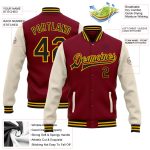 Personalized Two Tone Varsity Letterman Jacket - Crimson Black Cream Gold Full-Snap Bomber Personalized Crimson Black Cream-Gold