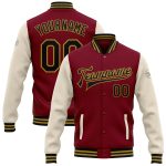 Personalized Two Tone Varsity Letterman Jacket - Crimson Black Cream-Old Gold Full-Snap Bomber Personalized Crimson Black